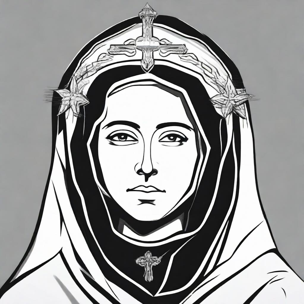 A black and white, high contrast logo-style line art illustration of Saint Rita with a scar on her forehead, set against a white background. Keep the design simple, with no colors.