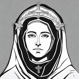 A black and white, high contrast logo-style line art illustration of Saint Rita with a scar on her forehead, set against a white background. Keep the design simple, with no colors.