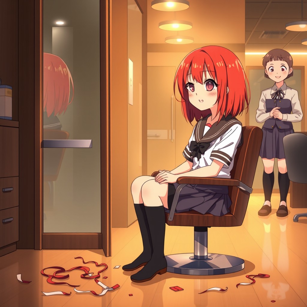 An emotional scene featuring an anime girl with freshly cut shoulder-length red hair, sitting in a Japanese hair salon chair