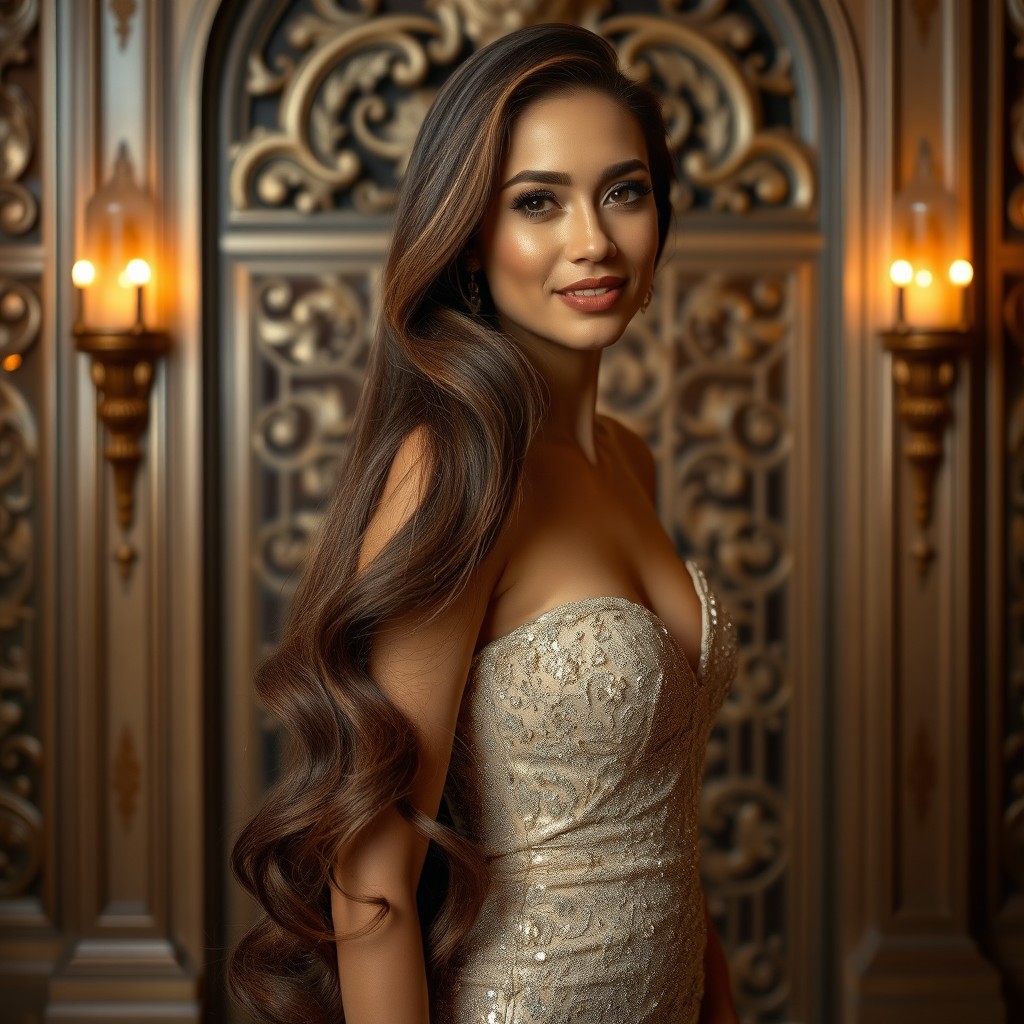 A stunning woman with long, flowing hair styled gracefully, wearing an elegant evening gown that shimmers under soft light