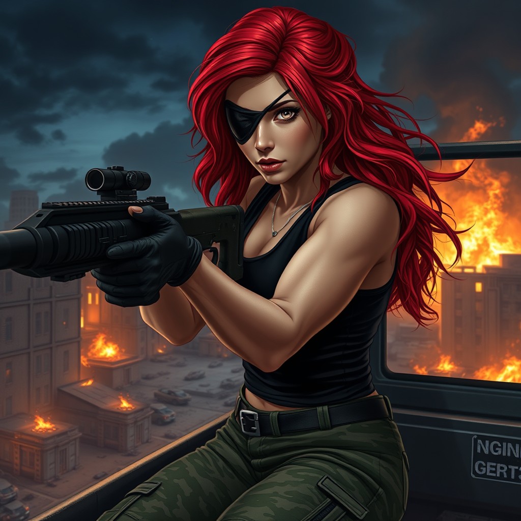 A realistic image depicting a beautiful 30-year-old woman with vibrant red hair styled in very long loose waves