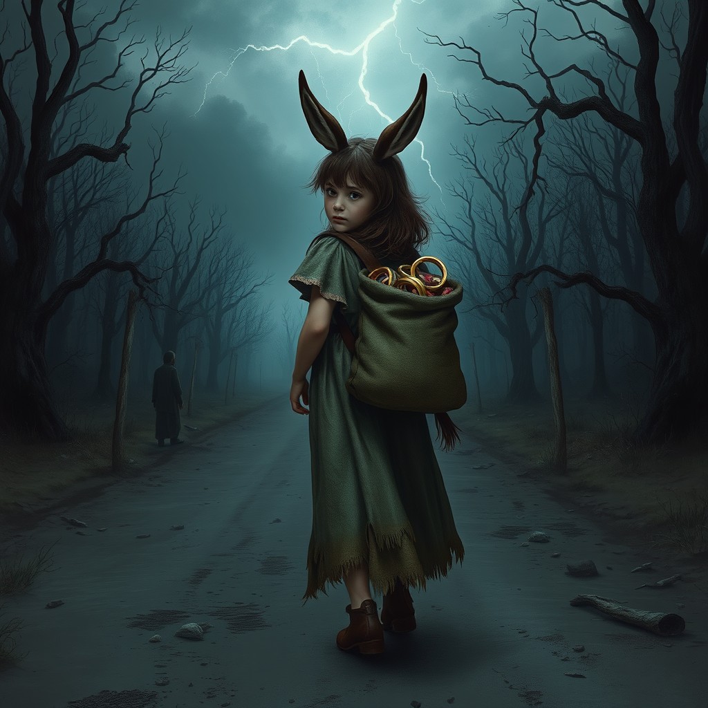 A young princess in disguise wearing a dirty, tattered donkey skin, walking alone on a dark and deserted road