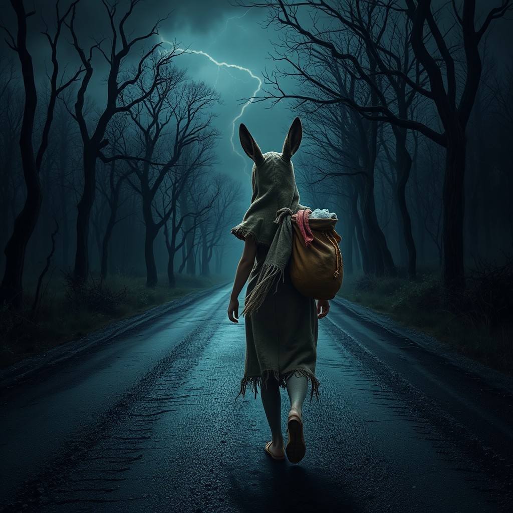 A young princess disguised in a dirty, tattered donkey skin, walking alone on a dark, deserted road