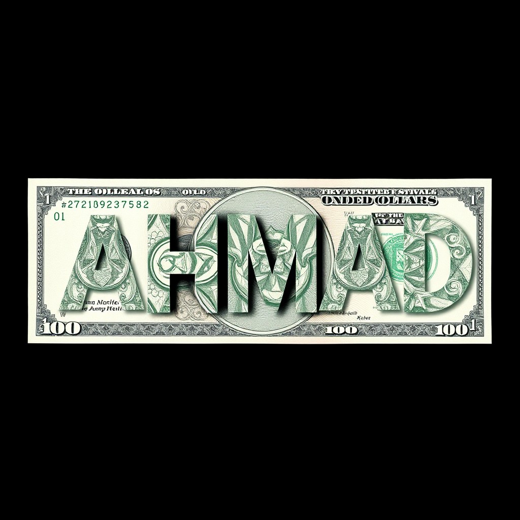 The word 'AHMAD' creatively integrated into the design of a 100 dollar bill, displaying the text in a stylish and prominent manner