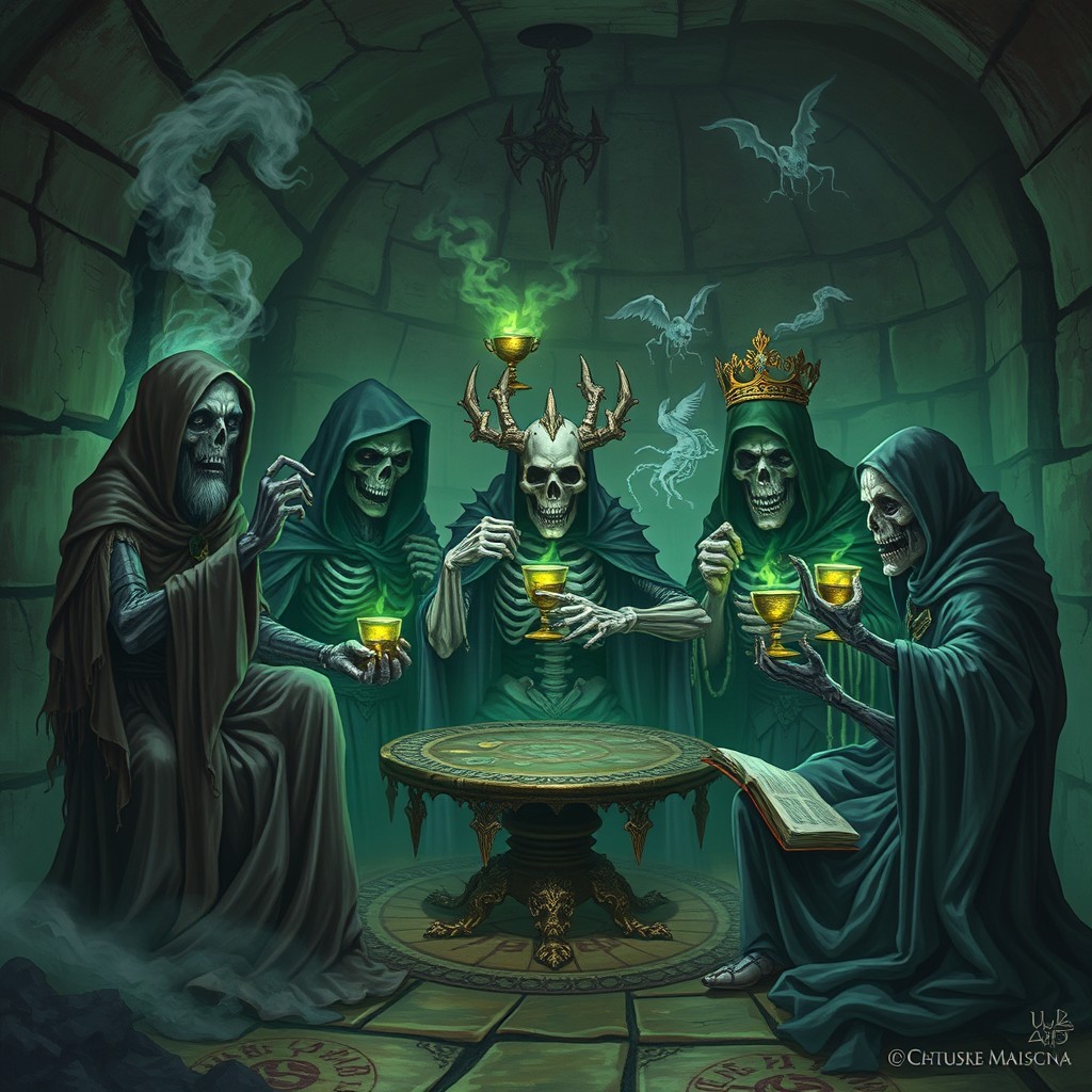 A fantastical scene depicting the Lich's Lair, where five unique undead Liches gather