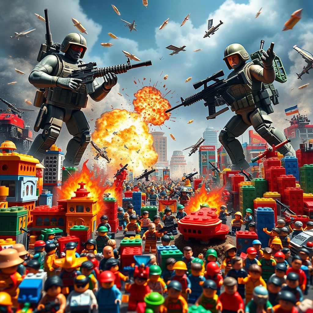 A chaotic scene depicting GI Joe action figures, vibrant and dynamic, engaged in a massive battle against a sprawling Lego city filled with Asian Lego characters