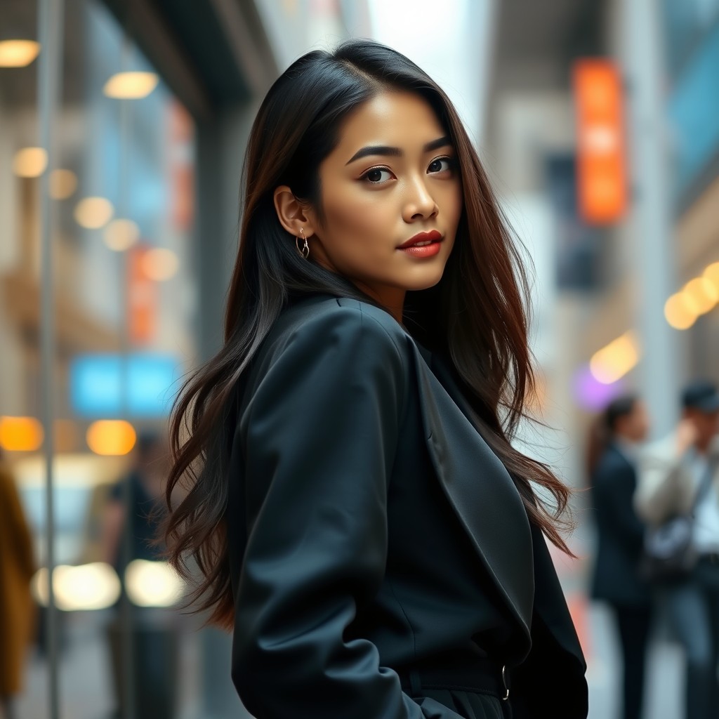 A stunning portrait of an Asian woman with a confident pose, featuring an outfit that accentuates her curves and highlights her figure