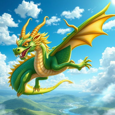 An awe-inspiring, majestic dragon character inspired by the dragon from Dragon Ball, featuring iridescent green and gold scales that shimmer under the sunlight