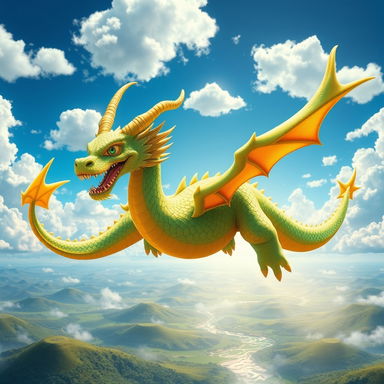 An awe-inspiring, majestic dragon character inspired by the dragon from Dragon Ball, featuring iridescent green and gold scales that shimmer under the sunlight
