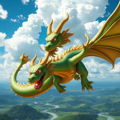 An awe-inspiring, majestic dragon character inspired by the dragon from Dragon Ball, featuring iridescent green and gold scales that shimmer under the sunlight