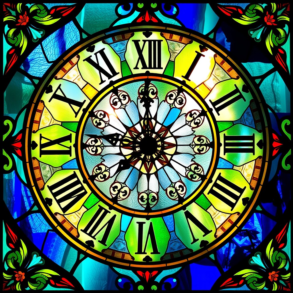 A stunning stained glass design featuring a clock pattern adorned with intricate Roman numerals