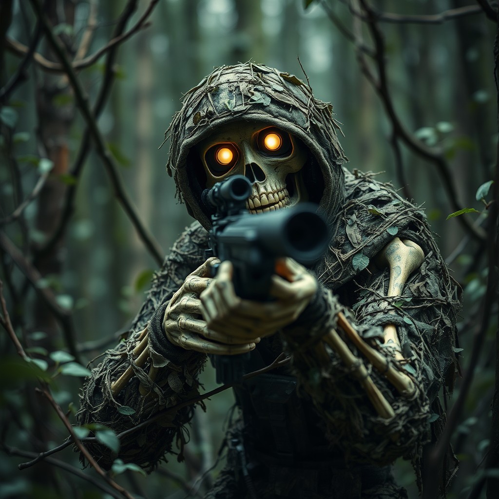 A detailed depiction of a skeleton sniper wearing a camouflaged ghillie suit, positioned as if aiming a sniper rifle directly at the viewer