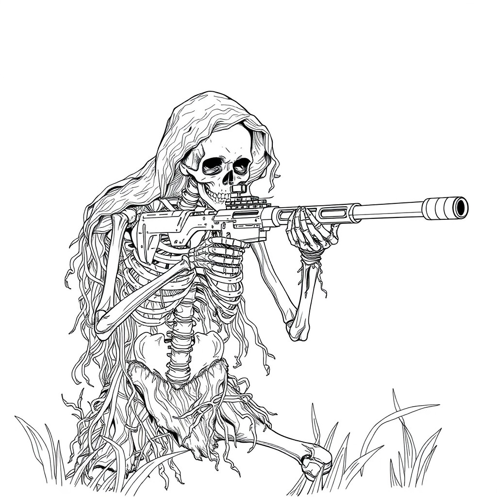 A line drawing of a skeleton sniper wearing a camouflaged ghillie suit, poised to take aim at the viewer with a sniper rifle