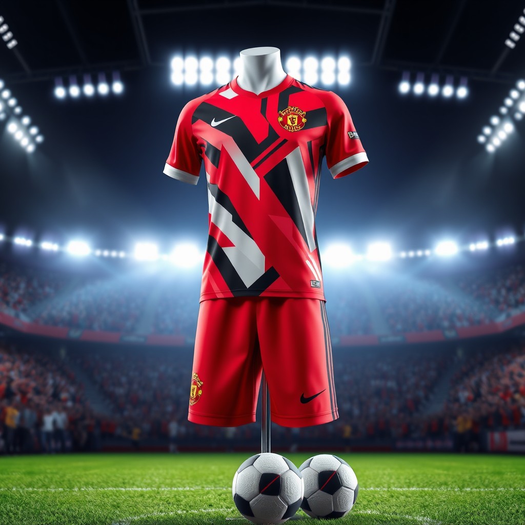 A vibrant and dynamic football kit design featuring a sleek jersey and matching shorts
