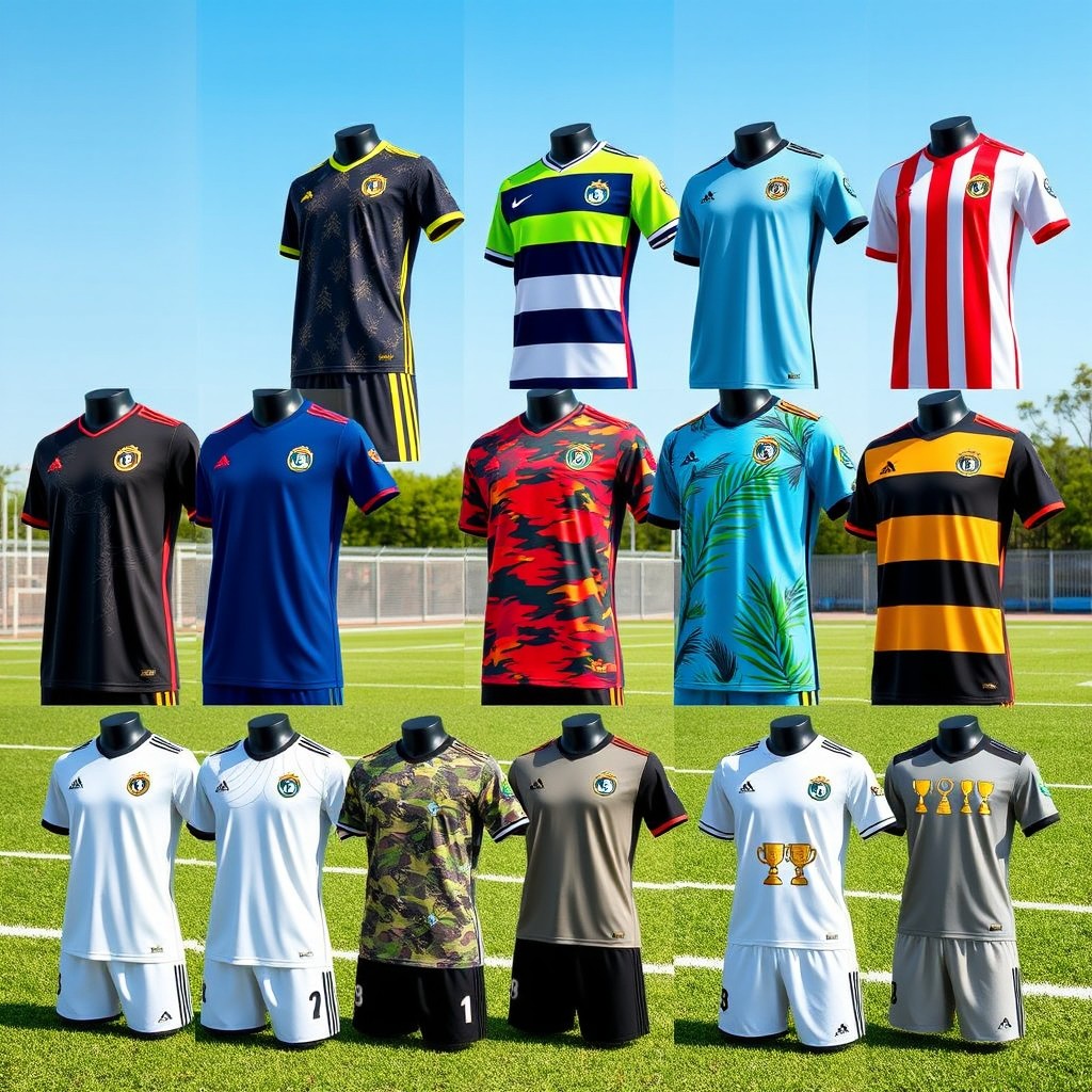 Ten unique and creative football kit variants for a new team, each featuring distinct styles and color schemes