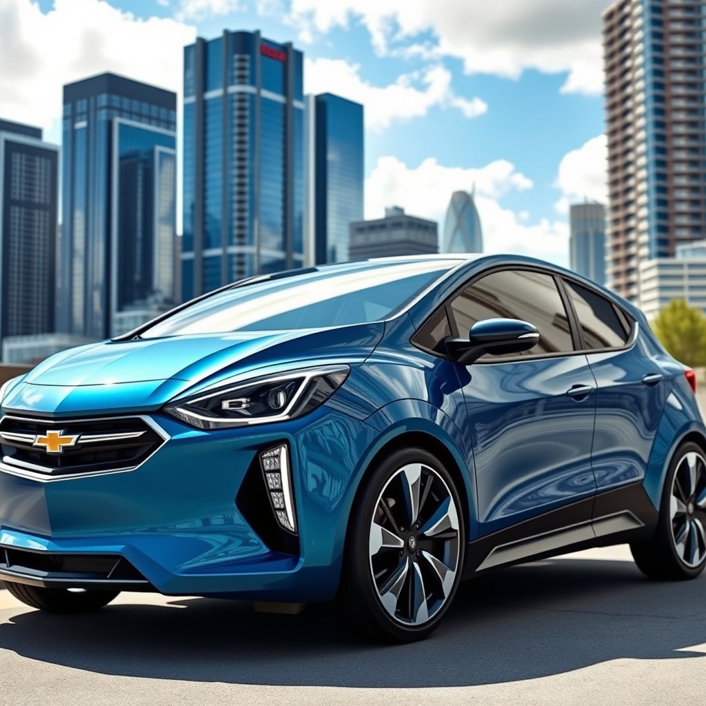 A futuristic Chevrolet Corsa from the year 2026, showcasing an innovative and sleek design with sharp contours, an aerodynamic body, and modern LED headlights