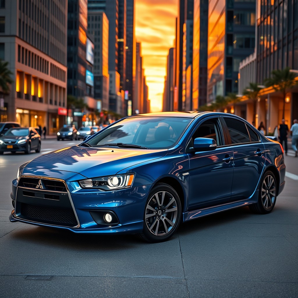 A stunning Mitsubishi Galant sedan parked in an urban setting, showcasing its sleek, aerodynamic design, shining metal body with a metallic blue finish, stylish headlights, and sporty alloy wheels