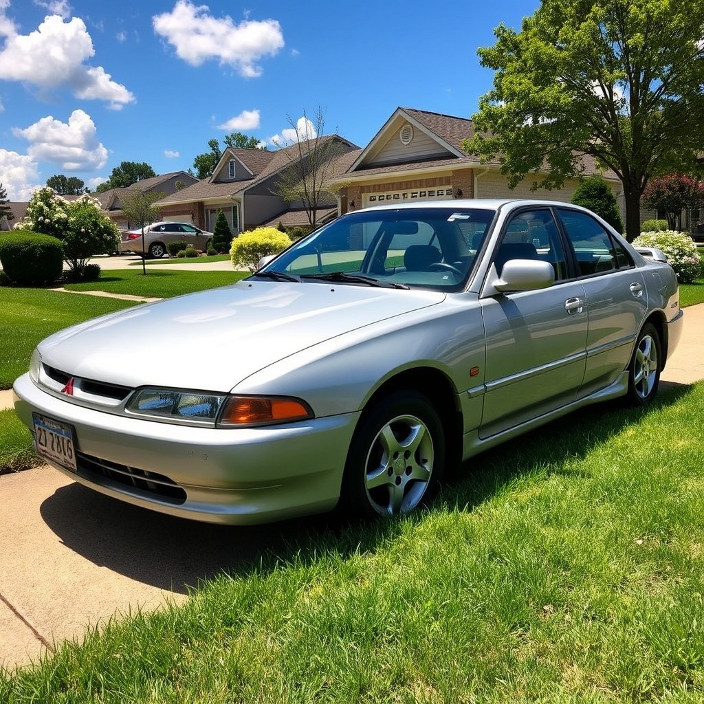 A beautifully preserved 1998 Mitsubishi Galant, showcasing its classic design with smooth lines, a sleek silver exterior, and iconic headlights