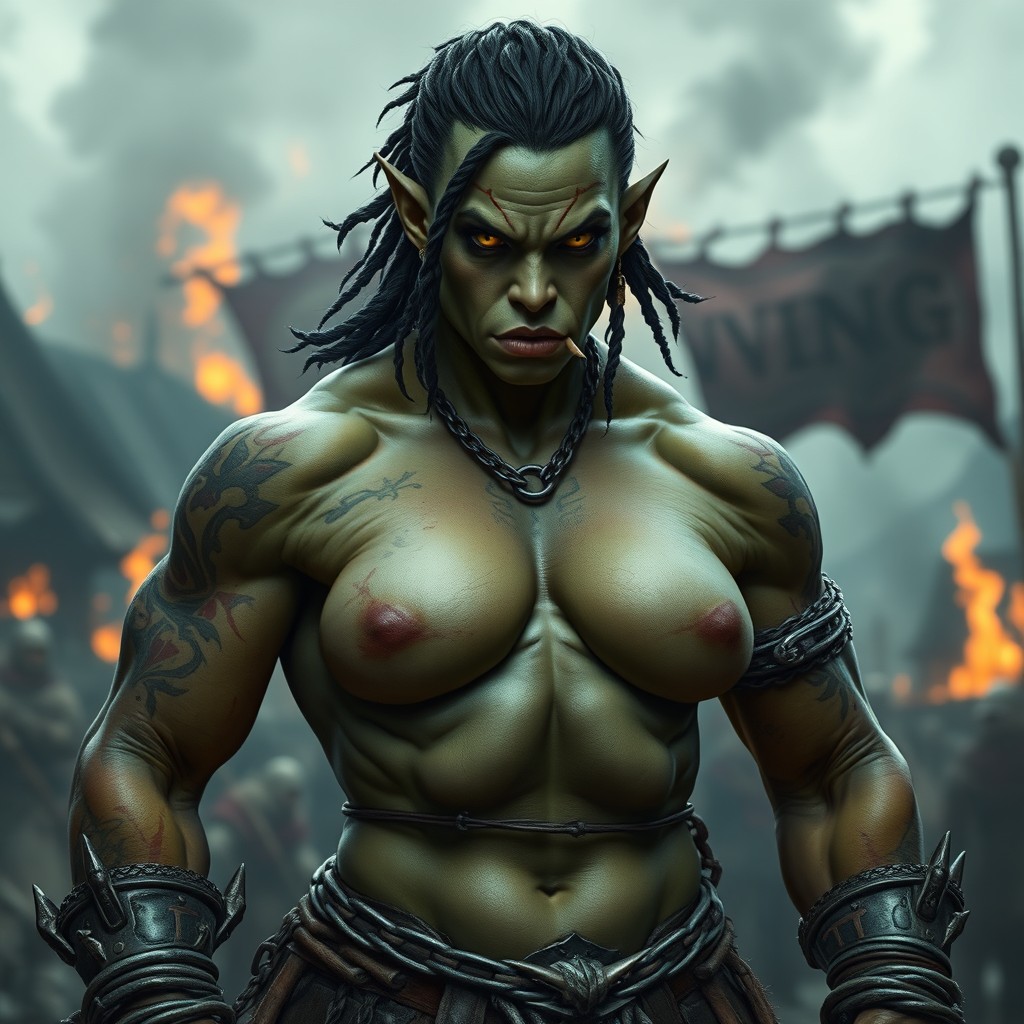 A muscular orc warrior woman stands defiantly, her wrists bound by heavy chains