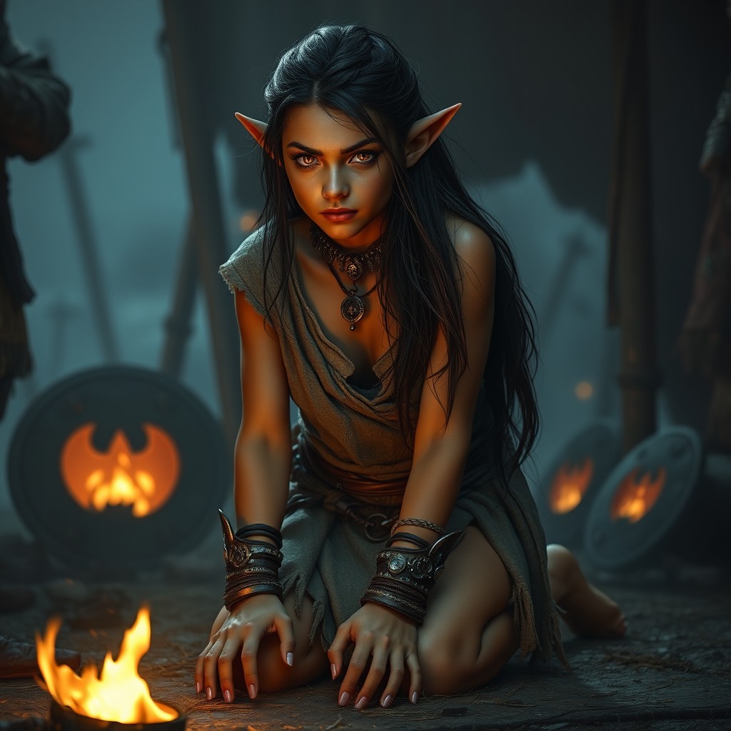 A young orcish woman kneeling in the shadows of a Viking camp, featuring a delicate mix of human traits, lighter olive skin tone, and long dark hair cascading over her face
