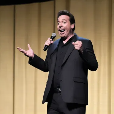 The comedian's aural humor had the audience in stitches.