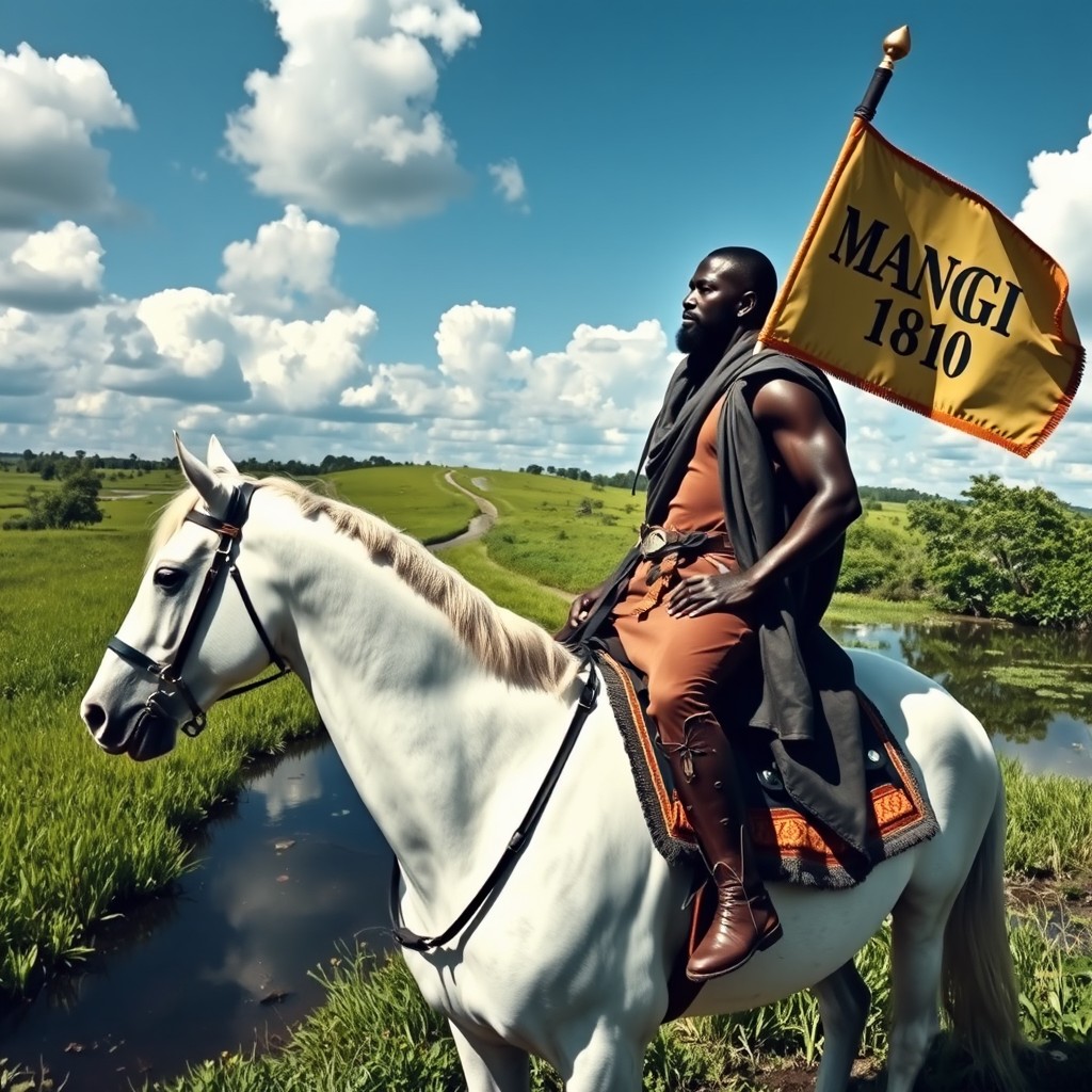 A tall, strong black man riding a majestic white horse beside a lush swamp