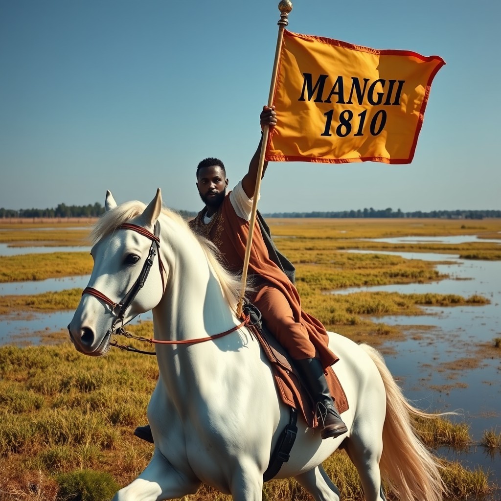 A black-skinned man riding a majestic white horse beside a serene swamp, with a long tour in the background