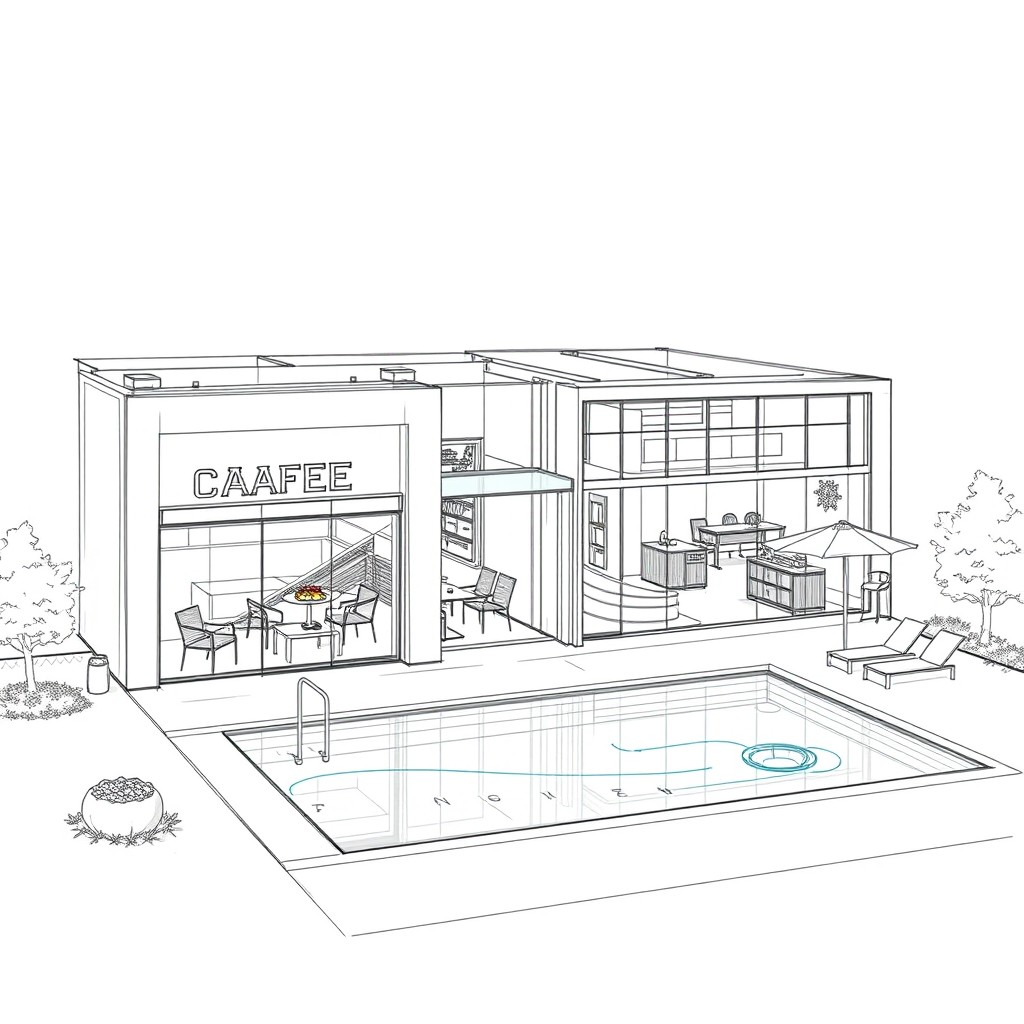 A detailed architectural sketch of a 12x15 layout featuring a garage, a café, a spa, and a swimming pool