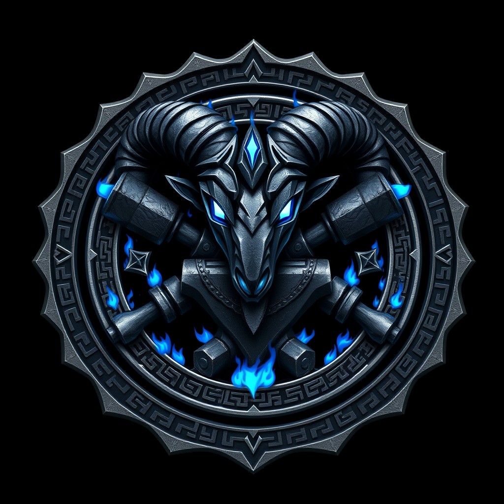 A detailed emblem of Ornn from League of Legends, featuring a stylized ram's head resembling his helmet crafted in forged iron with glowing blue fire accents