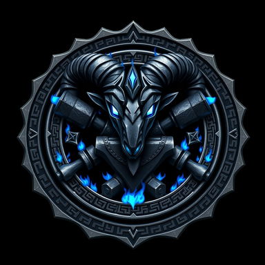 A detailed emblem of Ornn from League of Legends, featuring a stylized ram's head resembling his helmet crafted in forged iron with glowing blue fire accents