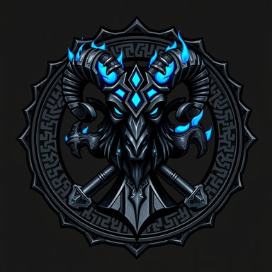 A detailed emblem of Ornn from League of Legends, featuring a stylized ram's head resembling his helmet crafted in forged iron with glowing blue fire accents