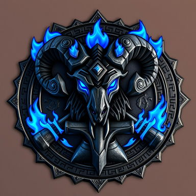 A detailed emblem of Ornn from League of Legends, featuring a stylized ram's head resembling his helmet crafted in forged iron with glowing blue fire accents