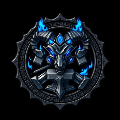 A detailed emblem of Ornn from League of Legends, featuring a stylized ram's head resembling his helmet crafted in forged iron with glowing blue fire accents