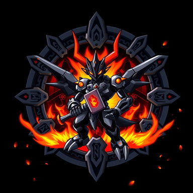 Emblem of Vulcanusmon from Digimon, featuring a stylized silhouette with a prominent horned helmet and robotic muscles