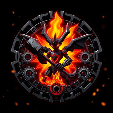Emblem of Vulcanusmon from Digimon, featuring a stylized silhouette with a prominent horned helmet and robotic muscles