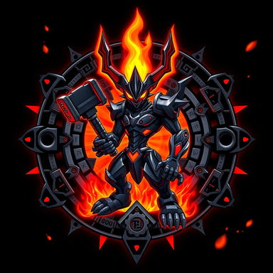 Emblem of Vulcanusmon from Digimon, featuring a stylized silhouette with a prominent horned helmet and robotic muscles