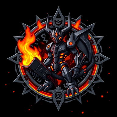 Emblem of Vulcanusmon from Digimon, featuring a stylized silhouette with a prominent horned helmet and robotic muscles