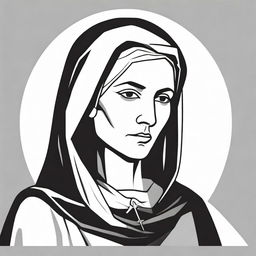 A high contrast, black and white logo-style line art illustration of Saint Rita with a scar on her cheek displayed in side view on a white background. Maintain a simple design with no use of colors.