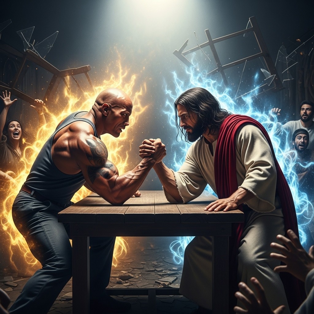 A dramatic armwrestling scene featuring a muscular man resembling a famous action star and a historic figure resembling Jesus Christ, engaged in an intense match