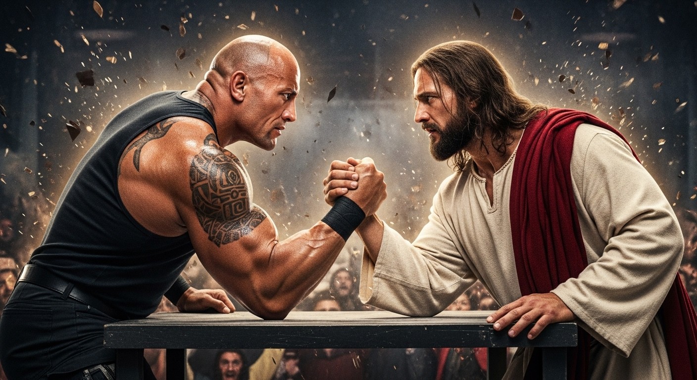 In a dramatic armwrestling match, The Rock and Jesus face off in a tense battle of strength