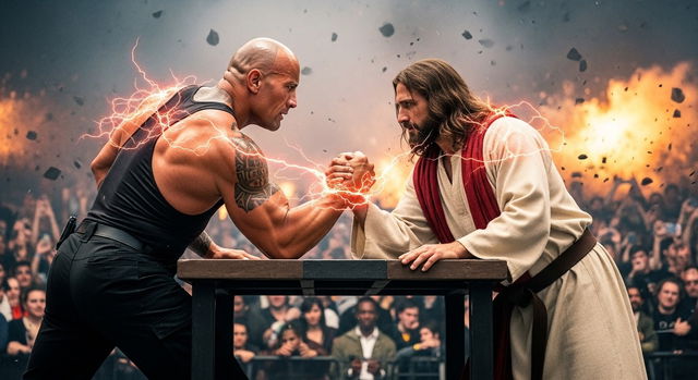 In an electrifying armwrestling match, The Rock and Jesus are locked in a fierce contest, straining against each other's immense strength