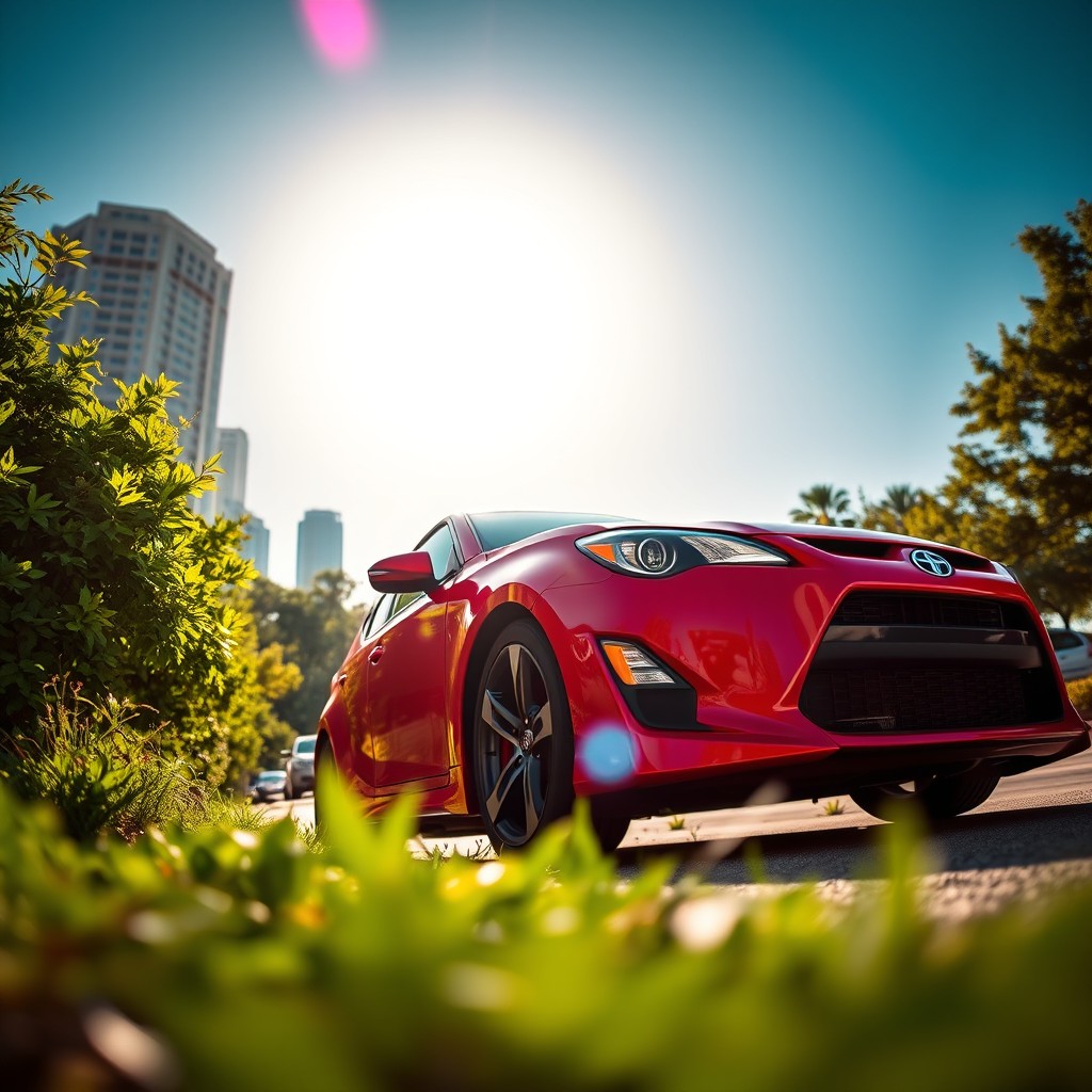 A beautifully designed Scion car parked under a bright blue sky, showcasing its sleek and modern lines