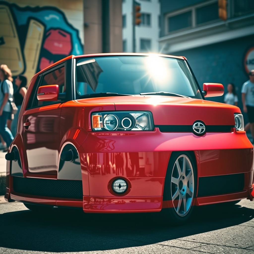 An artistic representation of a Scion xB, showcasing its boxy design and unique styling