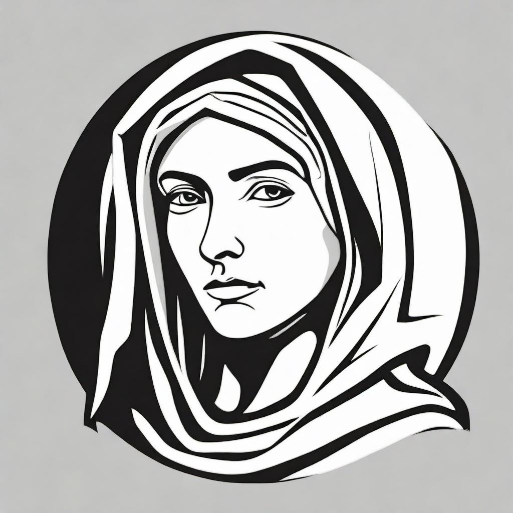 A high contrast, black and white logo-style line art illustration of Saint Rita with a scar on her cheek displayed in side view on a white background. Maintain a simple design with no use of colors.