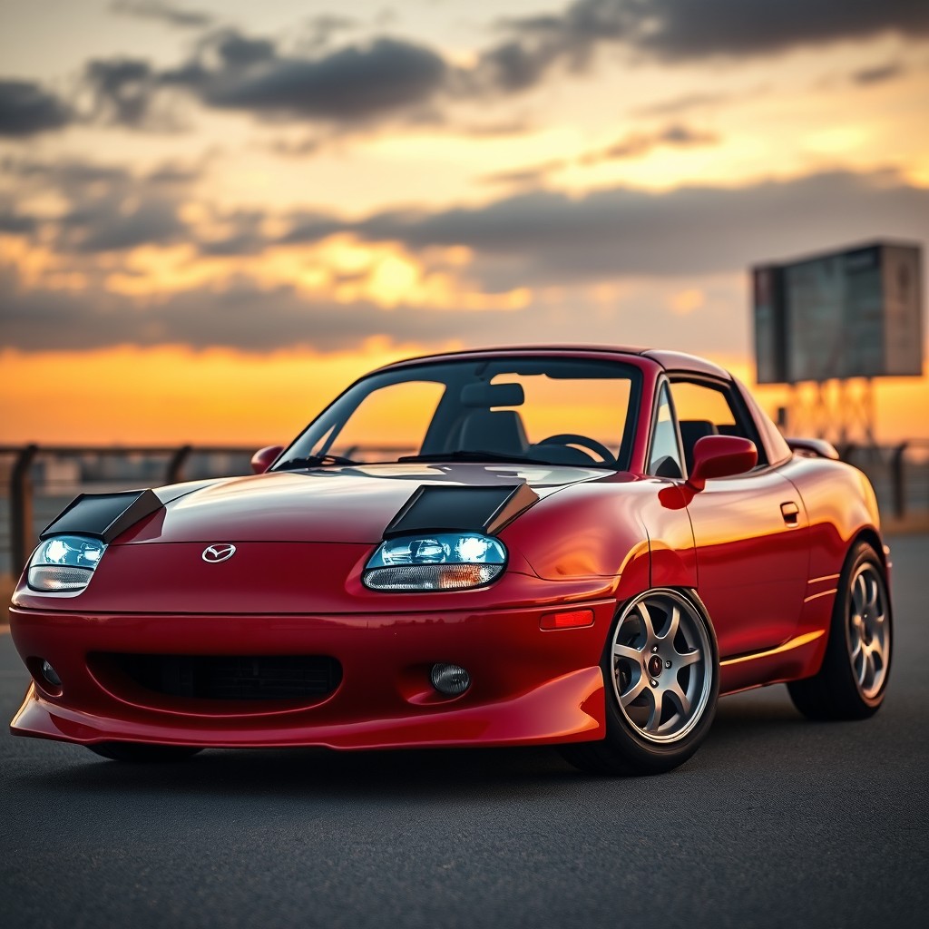 A 1992 Mazda MX-3 modified with modern 2007 Mazda 3 headlights, showcasing an innovative blend of vintage and contemporary automotive design