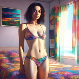 A digital art image of a self-assured 25-year-old woman standing in the comfort of her bedroom, adorned in a transparent bikini