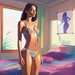 A digital art image of a self-assured 25-year-old woman standing in the comfort of her bedroom, adorned in a transparent bikini