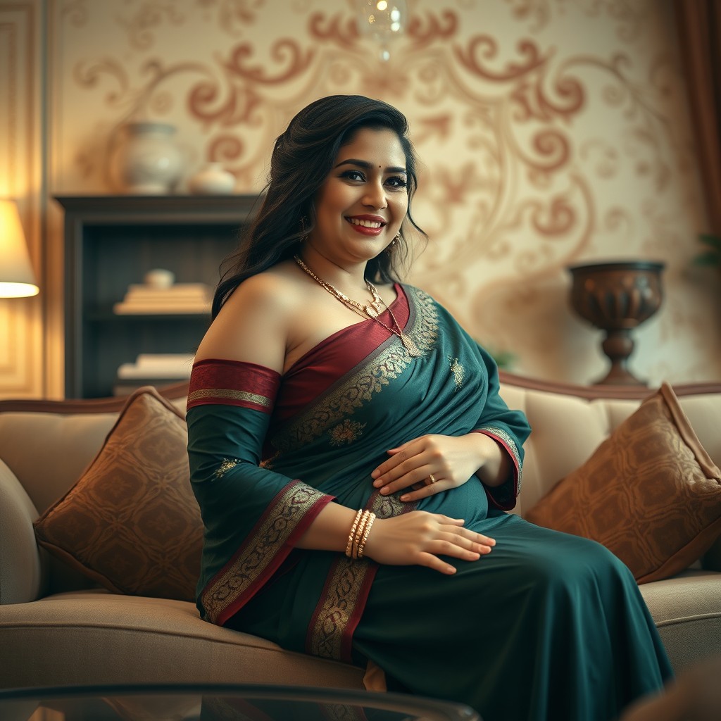 A captivating and alluring portrait of a voluptuous woman in traditional attire, showcasing her curves and beauty in a tasteful manner