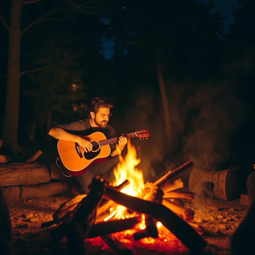 A cozy campfire scene with a person playing an acoustic guitar, surrounded by glowing embers and flickering flames
