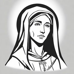 A high contrast, black and white logo-style line art illustration of Saint Rita with a scar on her cheek displayed in side view on a white background. Maintain a simple design with no use of colors.